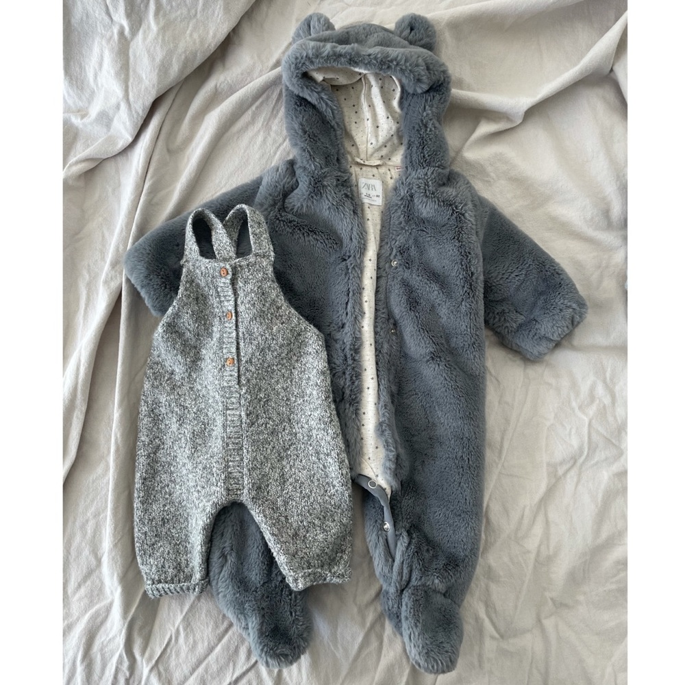 ZARA FUR BODYSUIT & KNIT WOOL OVERALL 1-3 MONTHS